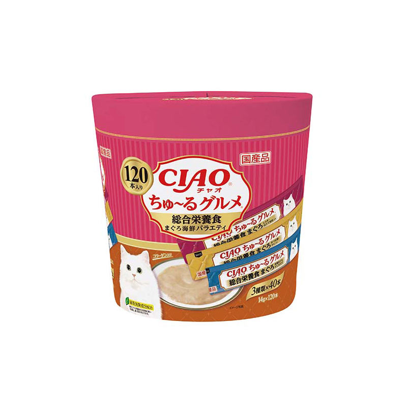 (まとめ買い)いなばペットフード CIAO チャオ ちゅ~るグルメ 総合栄養食 まぐろ海鮮バラエティ 14g×120本 猫用おやつ 〔×3〕 【北海道・沖縄・離島配送不可】|フジックス