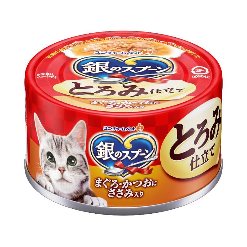 （まとめ買い）ユニ・チャーム 銀のスプーン 缶 とろみ仕立て まぐろ・かつおにささみ入り 70g 猫用フード 〔×24〕 【北海道・沖縄・離島配送不可】