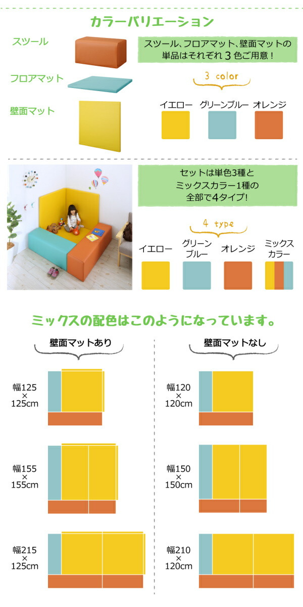 【送料無料】法人様必見子供に安全安心コーナー型キッズプレイマットシリーズ〔PopKids〕ポップキッズ5点セット(フロアマット1枚+スツール2枚+壁面マット2枚)125×125オレンジ【代引不可】