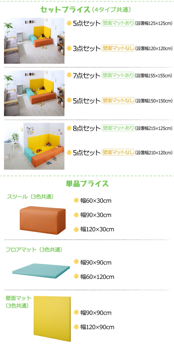 【送料無料】法人様必見子供に安全安心コーナー型キッズプレイマットシリーズ〔PopKids〕ポップキッズ5点セット(フロアマット1枚+スツール2枚+壁面マット2枚)125×125オレンジ【代引不可】