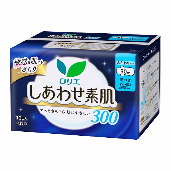 ロリエ しあわせ素肌 ふんわりタイプ 多い夜用 羽つき 300（医薬部外品）10個入×18パック（1ケース）　花王