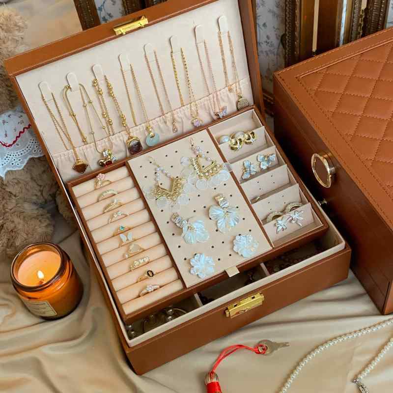 ジュエリーボックス 収納 小物入れ アクセサリーケース レディース 女性用 無地 茶 二段 三段 引き出し 仕切り 多収納 大容量 無地 個性的 高級感 シンプル カジュアル 通年 かわいい きれいめ エレガント 大人女子 軽量 上品 大人 30代｜フジヤ商店店