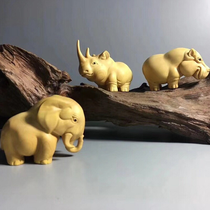 黄楊木 アフリカンビッグ3 彫刻セット(カバ、サイ、ゾウ)- 一木彫り インテリア 置物 縁起物 力強い 贈り物|fukin-store