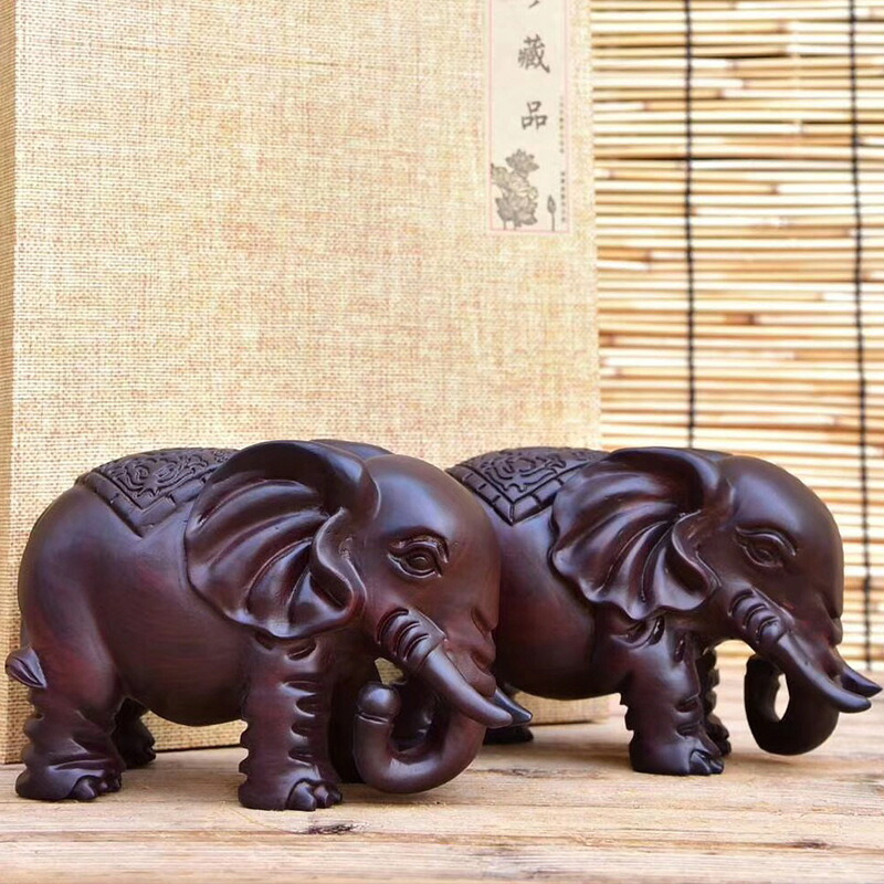 黒檀 ゾウ 彫刻 置物 - 家族円満 招福 縁起物 インテリア リビング 玄関 木彫り ギフト｜fukin-store