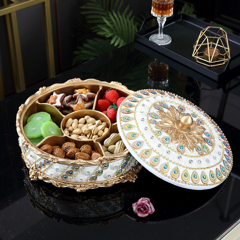 金色 ダイヤモンド装飾 蓋付き 乾果皿 フルーツ皿 大型 豪華 高級感 果物ボウル 家庭用 リビング ティーテーブル おしゃれ インテリア 装飾品 菓子皿 ケーキスタンド プレゼント ギフト ph016