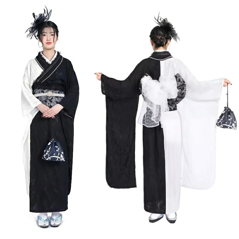 女性用 yukata ゆかた ユカタ 帯 兵児帯 下駄 簡単 簡易 大人 20代 30代 40代 50代 和装 正装 着物 着丈140cm 140サイズ 折襟 デザイン ブラック ホワイト 配色 花柄 1人で簡単着付け 9点セット 高級感 伝統 浴衣 コスプレ おしゃれ 花火大会 忘年会 新年会 発表会