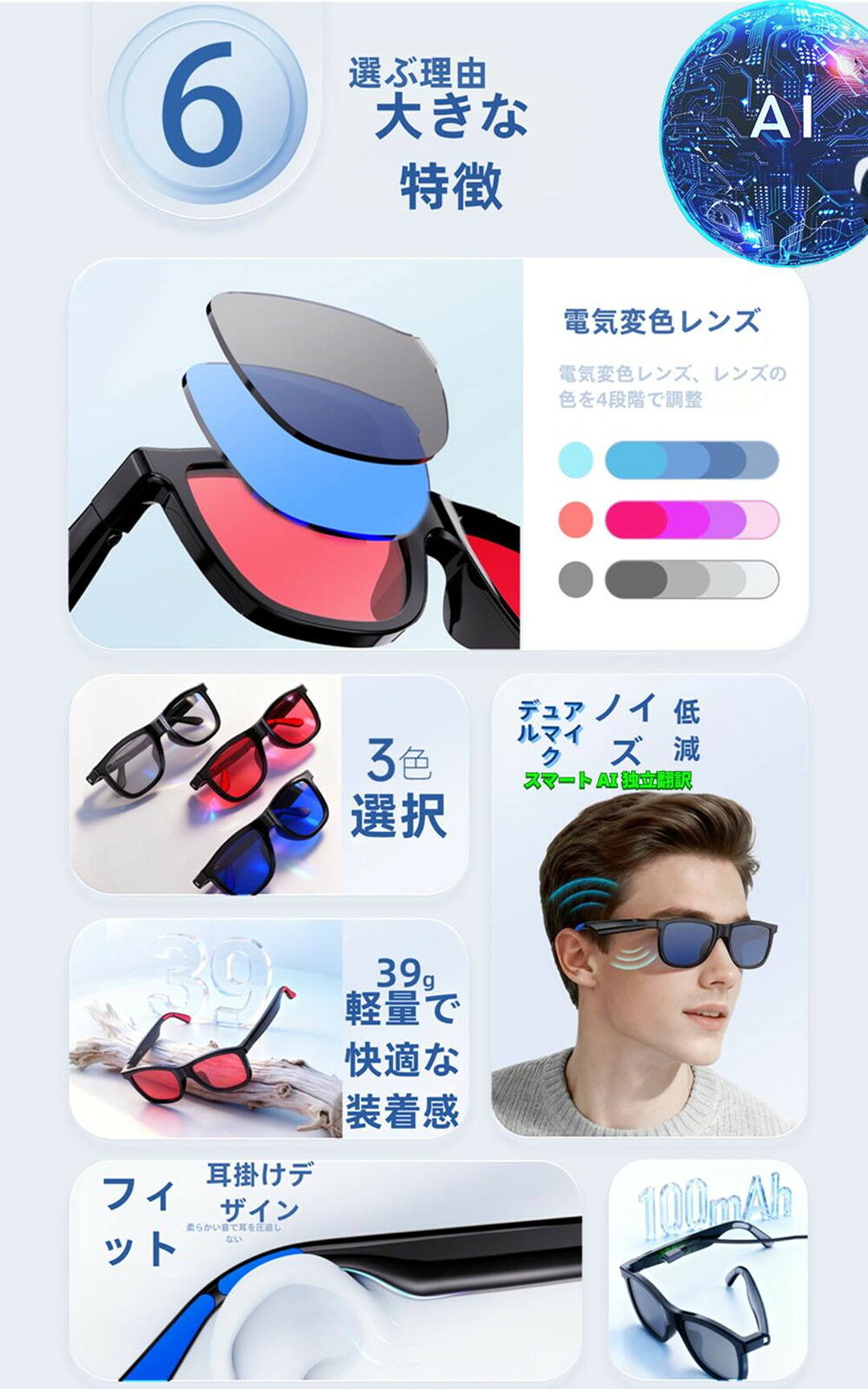 翻訳機能付き スマート AI 翻訳 眼鏡 メガネ 電気変色レンズ レンズの色を4段階で調整可能 サングラス 中国語 英語 日本語 台湾語 ベトナム語 韓国語 同時通訳 音声翻訳機 USB磁気充電 メンズ レディース コミュニケーション翻訳はとても簡単 iPhone/Android|福田商店