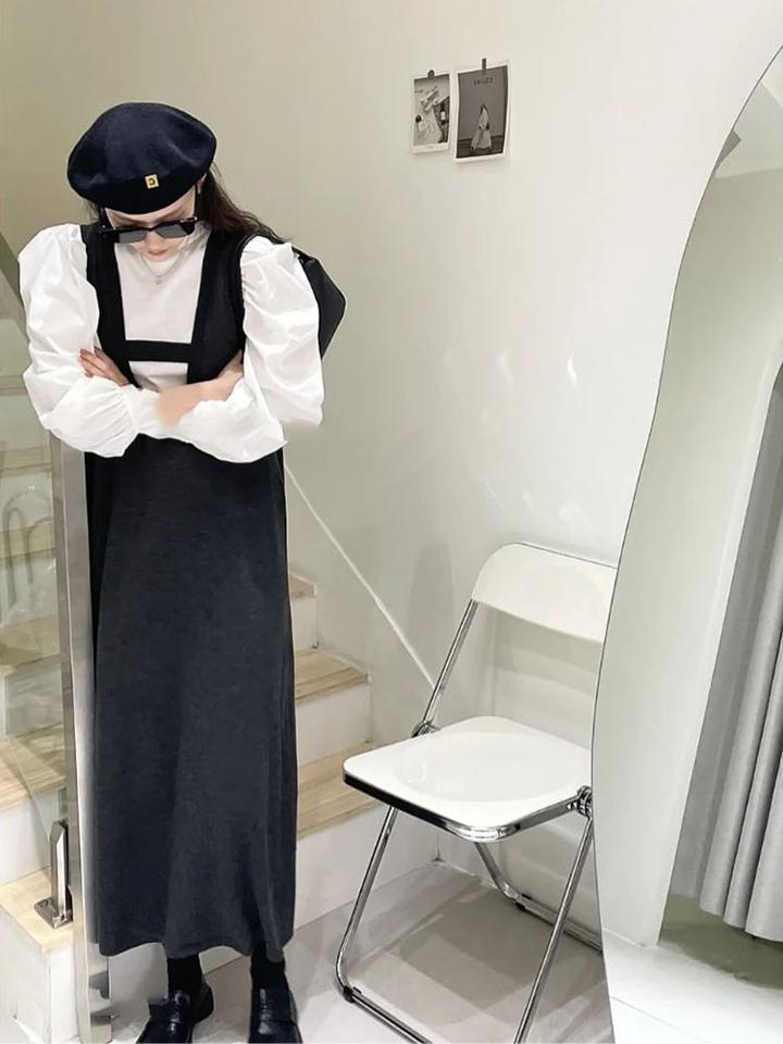 【ポイント3倍】パフスリーブトップス＋ブラックサスペンダースカート ワンピース set up ツーピース ２点セット レディース 可愛い オシャレ モード系 ママコーデ オフィスコーデ デートコーデ 休日コーデ D12