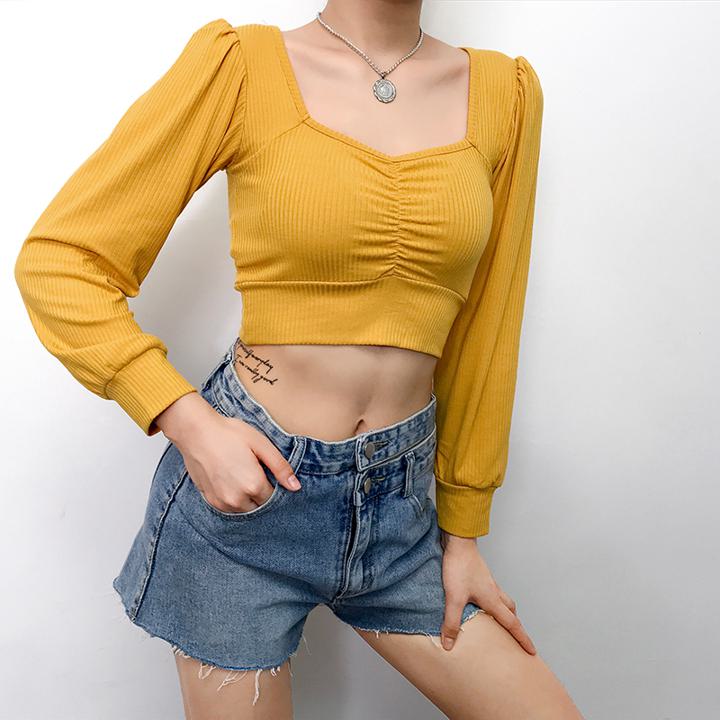 【ポイント3倍】スクエアネック プリーツトップス ショート丈 スリム ハイウエストニット Tシャツ ５カラー a810