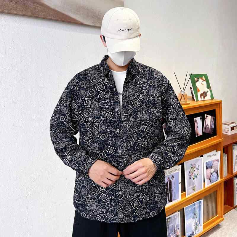 【貨物輸送無料】プルオーバー メンズ バンダナ柄 秋 エスニック レトロ カシューナッツ御花 綿織物 心地よい 長袖 成人男性 茶 米国海軍