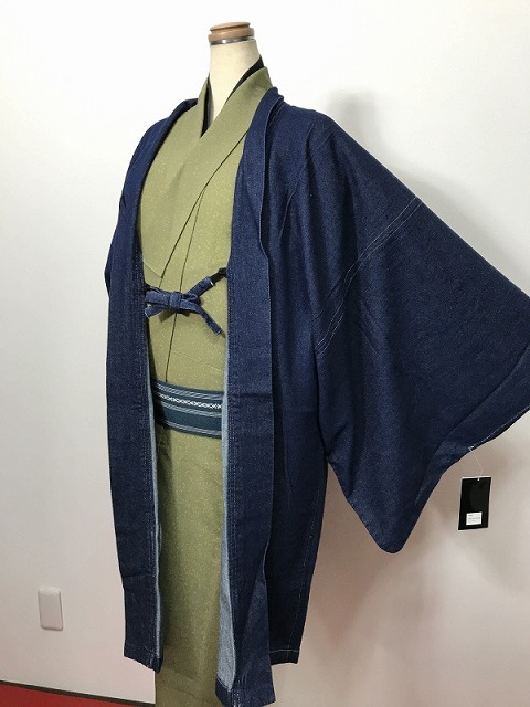 新品 2Lサイズ 男物 デニム羽織 綿 両腰ポケット付き 羽織紐付き
