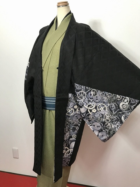 新品 2Lサイズ 男物 綿 羽織 グレー歯車模様 福服特製 最強配送 シーズン春