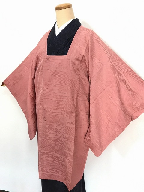 【中古】Mサイズ コート 正絹 ピンク地に風景文様 道行