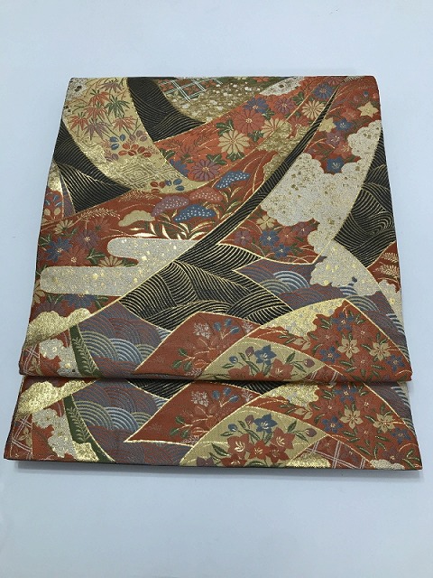 【中古】 袋帯 正絹 ブラウン地に束ね熨斗文様 六通柄 最強配送 シーズン春