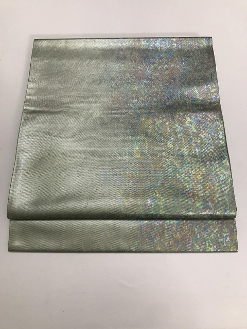 【中古】 袋帯 正絹 グリーン地に霞文様 六通柄 最強配送 シーズン春