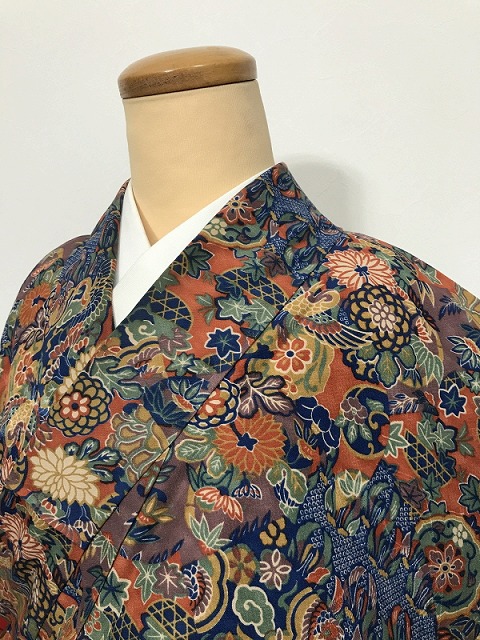 【中古】 Sサイズ 小紋 化繊 赤茶地に花鳥模様 袷着物 洗える着物 最強配送 シーズン春