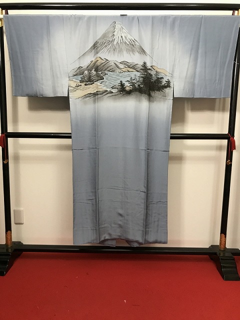 【中古】 L大きさ 男物 長襦袢 正絹 青色薄墨色地に見晴らし飾りつけ
