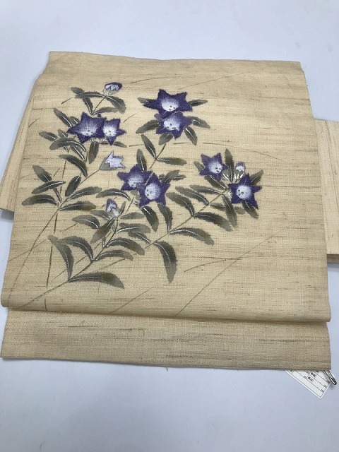 【中古】 名古屋帯 麻 薄茶地に桔梗模様 夏帯 九寸 お太鼓柄 最強配送