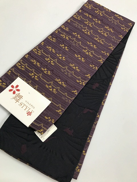新品 半幅帯 化繊 紫地ににゃんこ文様