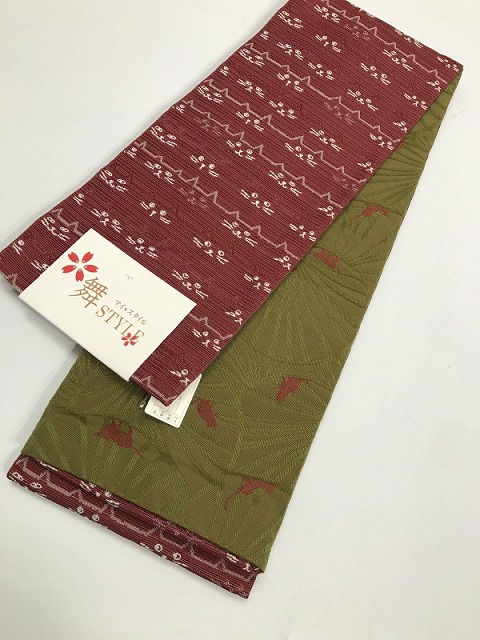 新品 半幅帯 化繊 臙脂地ににゃんこ文様