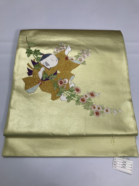 【中古】袋帯 正絹 グリーン地に童文様