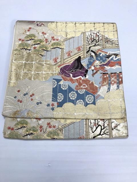 【中古】袋帯 正絹 白地に宮中文様