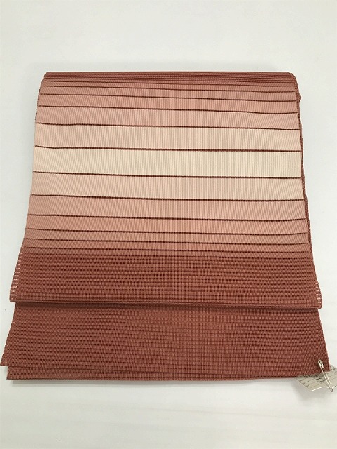 【中古】名古屋帯 正絹 赤茶地に霞縞文様 夏帯