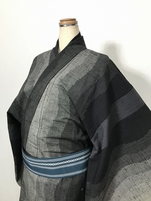 【中古】3L大いさ 男物 薄墨色地に縞文様 羊毛男物リメイクシリーズ 【福服特製】