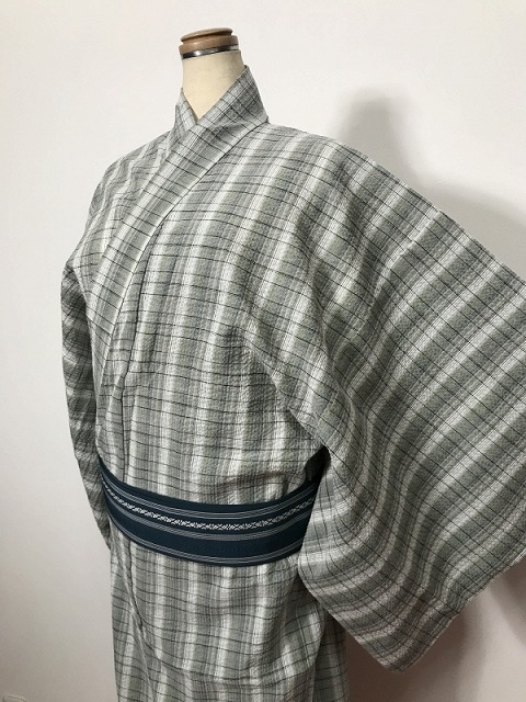 新品 2L大きさ 浴衣 男物 綿 薄緑であること地に縞透かし彫り文様