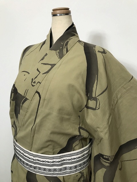 【中古】M大きさ 浴衣 男物 綿 青朽葉色地に毛はらい目飾りつけ