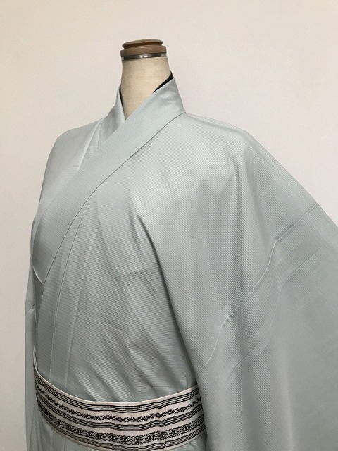 新品 Lサイズ 男物 色無地 化繊 白緑 夏着物｜リサイクルきもの福服　ふくふく