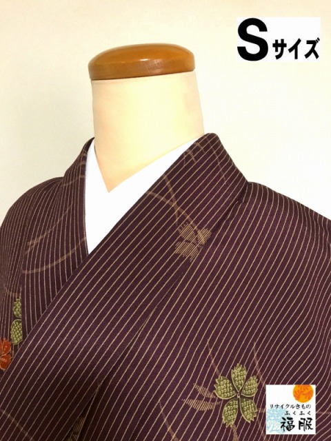 【中古】小紋 化繊 こげ茶地に桜模様 胴抜き 裄64cm Sサイズ 袷着物 洗える着物 シーズン春