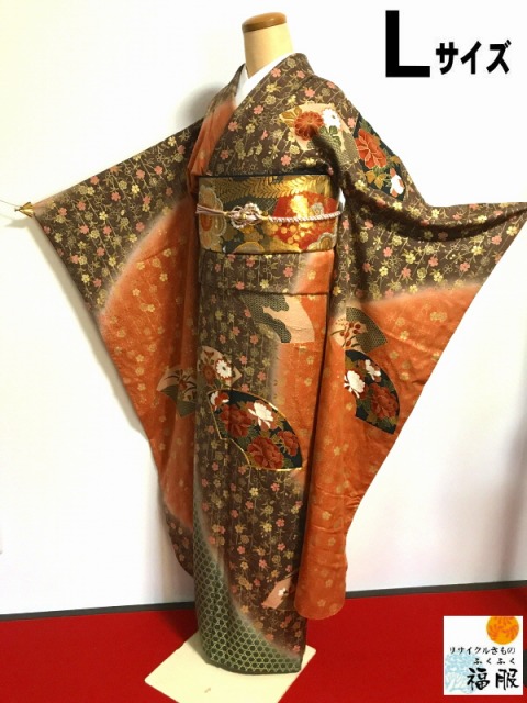 ◎【中古】 振袖 正絹 長襦袢セット 赤茶地に地紙模様 刺繍 裄67cm Lサイズ 中古 リサイクル 長襦袢 リサイクル振袖 中古振袖 レディース 女性着物 女性用 女性 和服 和装 花柄 模様 花 地紋 赤茶地 こげ茶 枝垂れ桜 豪華 おしゃれ オシャレ リサイクル着物 中古着物|リサイクルきもの福服 ふくふく