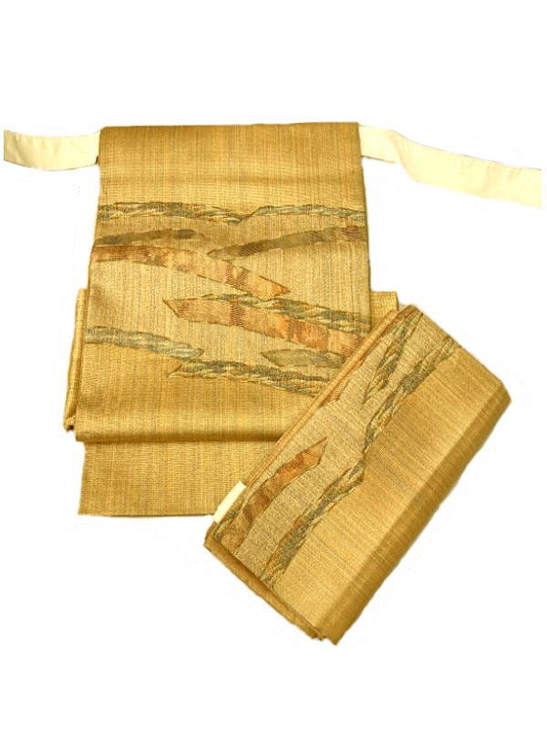【中古】作り帯 正絹 二重太鼓結び型 二部式帯 六通柄 袋帯の付け帯 オレンジ色地に幾何学文様 最強配送 シーズン春