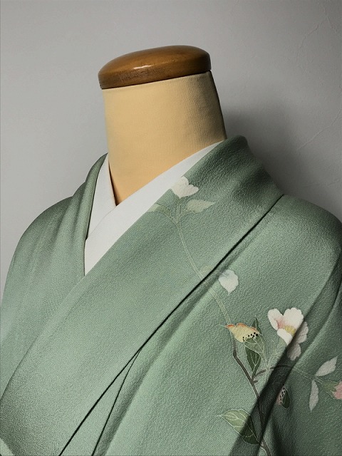 【中古】Mサイズ 正絹 付け下げ 付下げ訪問着 若草色地に枝花模様 袷着物 訪問着 着物 中古着物 レディース シルク レディース着物 リサイクル着物 和服 和装 結婚式 結婚式服装 リサイクル着物訪問着 シーズン春