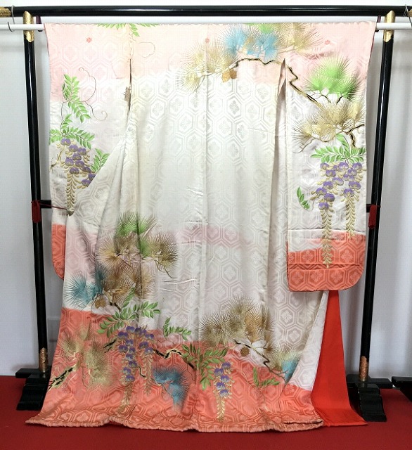 【中古】M大きさ 正絹 大振袖 お引っ張ること振袖 花嫁御寮お召しもの 白地に枝花飾りつけ