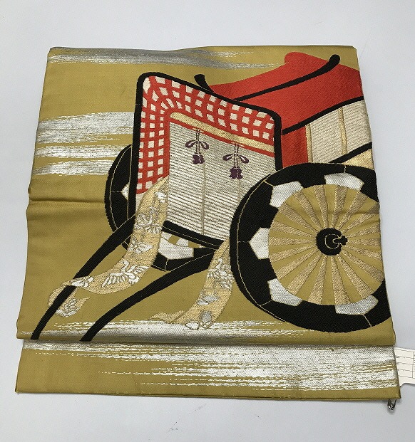 【中古】名古屋帯 正絹 アンティーク 芥子地に御所車文様 九寸 お太鼓柄 4,050円
