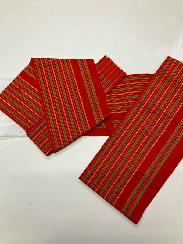 【中古】作り帯 正絹 浴衣用 貝の口結び型 半幅帯の付け帯 紐で装着 軽装帯 リメイク品 朱色地の博多織
