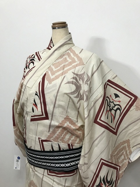 新品 Mサイズ 男物 綿 浴衣 クリーム地に隈取模様