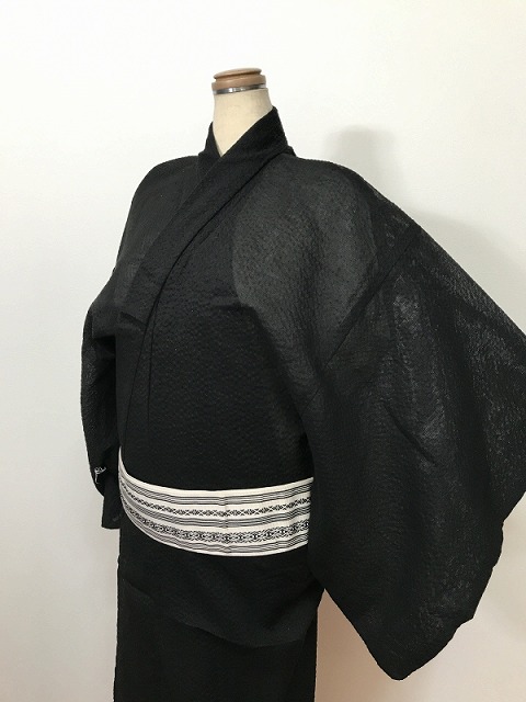 新品 L大きさ 男物 綿 浴衣 しじら織 黒無地