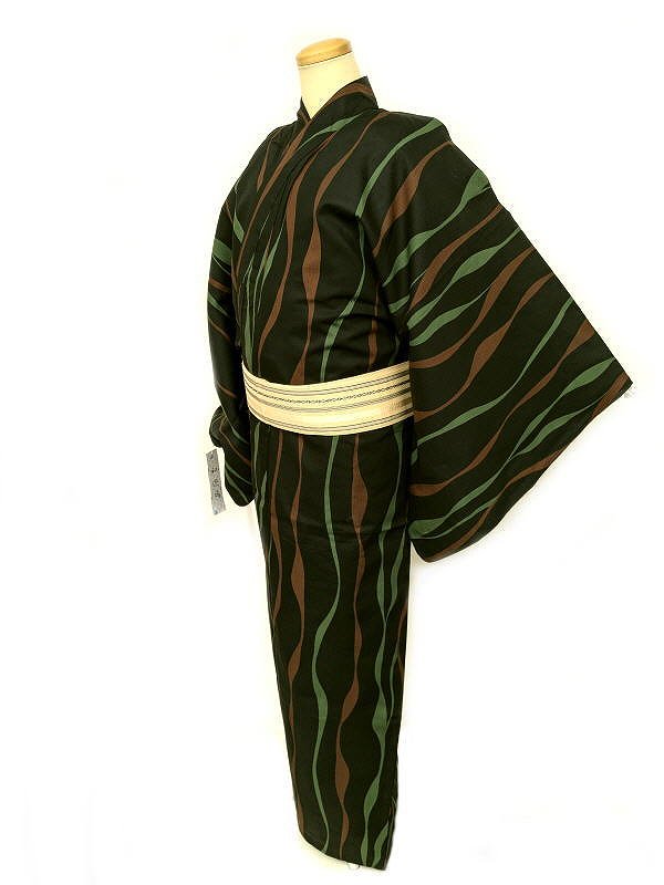 新品 3Lサイズ 男物 綿 浴衣 黒地によろけ縞模様