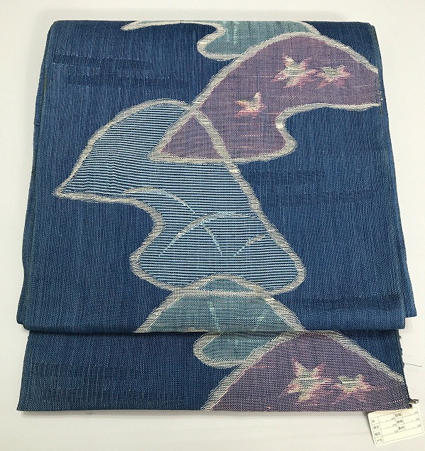 【中古】名古屋帯 混紡 夏帯 濃紺地に草花文様 お太鼓柄 八寸