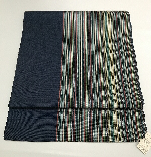 【中古】 名古屋帯 正絹 濃紺地に縞文様 八寸 全通柄 最強配送 シーズン春