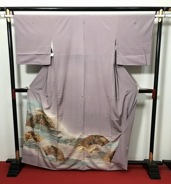 【中古】 Mサイズ 色留袖 正絹 三つ紋付 薄紫地に地紙模様 袷着物 比翼なし 最強配送 シーズン春