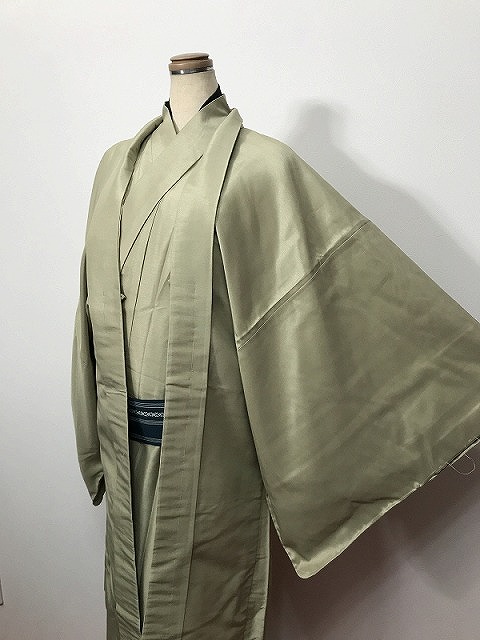 【中古】 2Lサイズ 羽織 男物 化繊 薄グリーンの織り無地 洗える羽織 最強配送 シーズン春