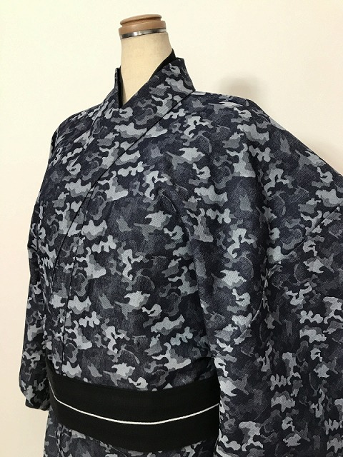 新品 Lサイズ デニム着物 男物 綿 濃紺地に迷彩模様 単衣着物 洗える着物