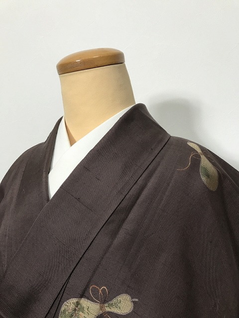 【中古】Sサイズ 紬 正絹 こげ茶地に瓢文様