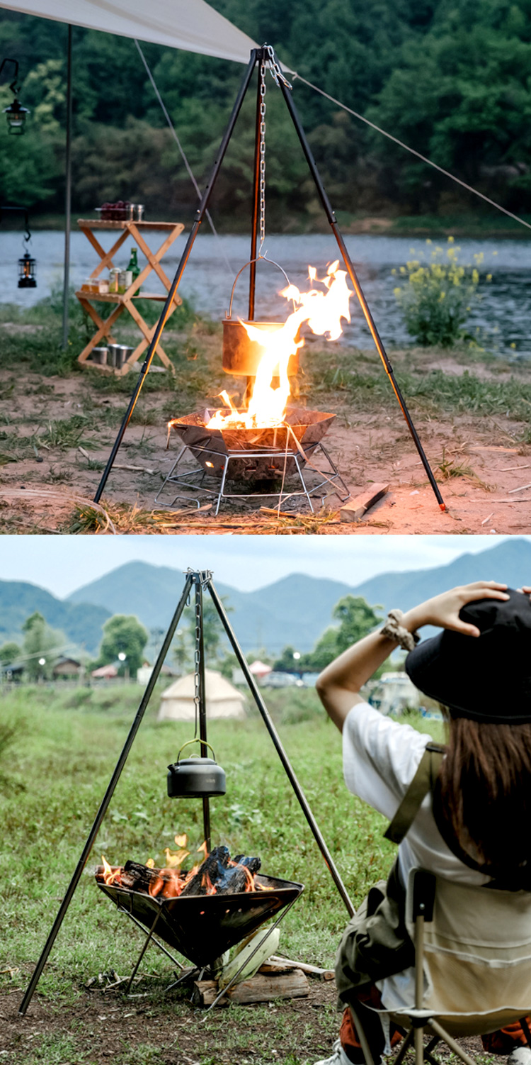 無料 キャンプにトライポッド 焚き火台 三脚 ダッチオーブン リング