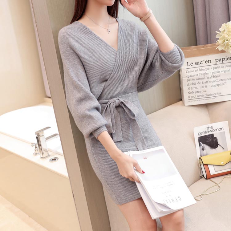 楽天市場 ニットワンピース ショート丈 ドルマンスリーブ カシュクール Vネック レディース ワンピース 長袖 ベルト付き ゆったり キレイめ 上品 女子会 結婚式 お呼ばれ送料無料 福見る店