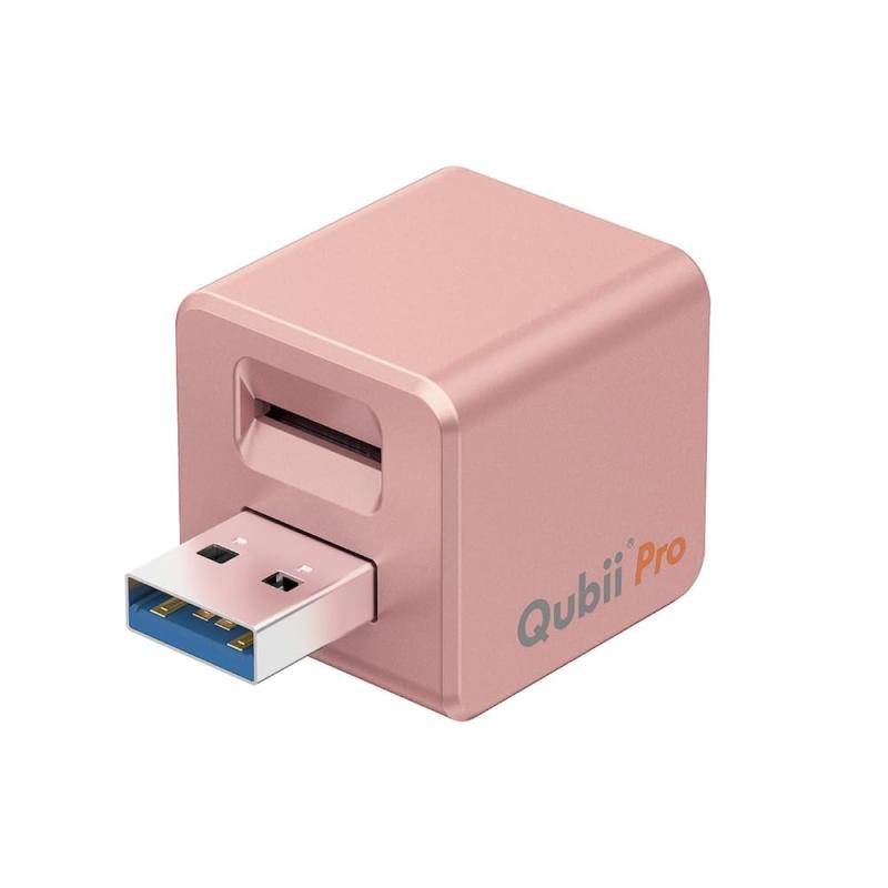 Maktar Qubii Pro ローズゴールド (microSD 128GB付) 充電しながら自動バックアップ iphone usbメモリ ipad 容量不足解消 写真 動画 音楽 連絡先 SNS データ 移行 SDカードリーダー 機種変更 MFi認証